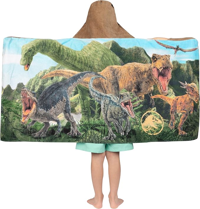 Jurassic World Dominion Soft Bath/Pool/Beach Cotton Terry Hooded Towel Wrap, 24 Inches x 50 Inches, By Franco Kids