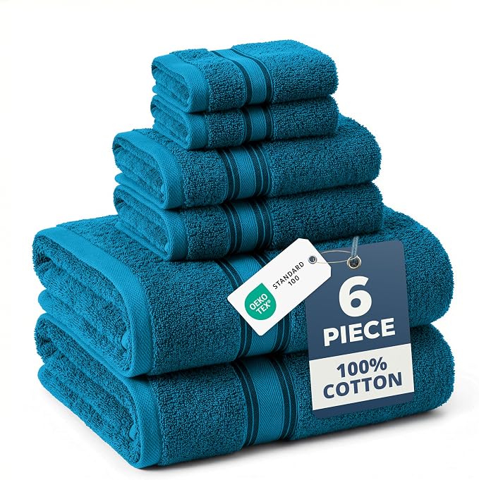 LANE LINEN Towel Set Quick Dry 100% Cotton 6 Piece Soft - Sea Port | Cotton Towels For Bathroom - Zero-Twist Durability, Zero-Twist Cotton, Terry Weave Comfort, Long-Lasting Comfort
