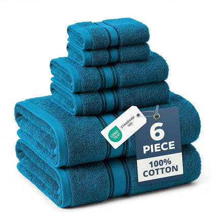LANE LINEN Towel Set Quick Dry 100% Cotton 6 Piece Soft - Sea Port | Cotton Towels For Bathroom - Zero-Twist Durability, Zero-Twist Cotton, Terry Weave Comfort, Long-Lasting Comfort