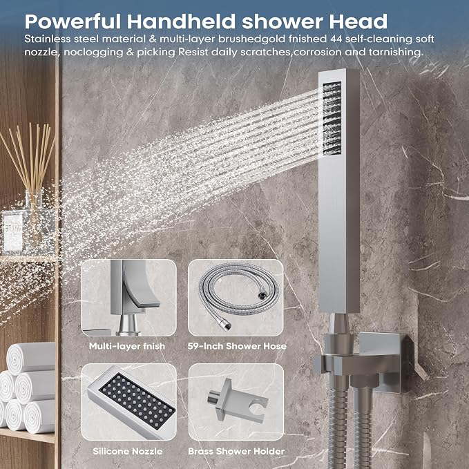 Brushed Nickel Shower Faucet Set with 12-Inch Rain Shower Head | Shower System with Rain Shower Head and Handheld, Wall Mounted High-Pressure Shower Head Combo Set with Shower Valve and Trim