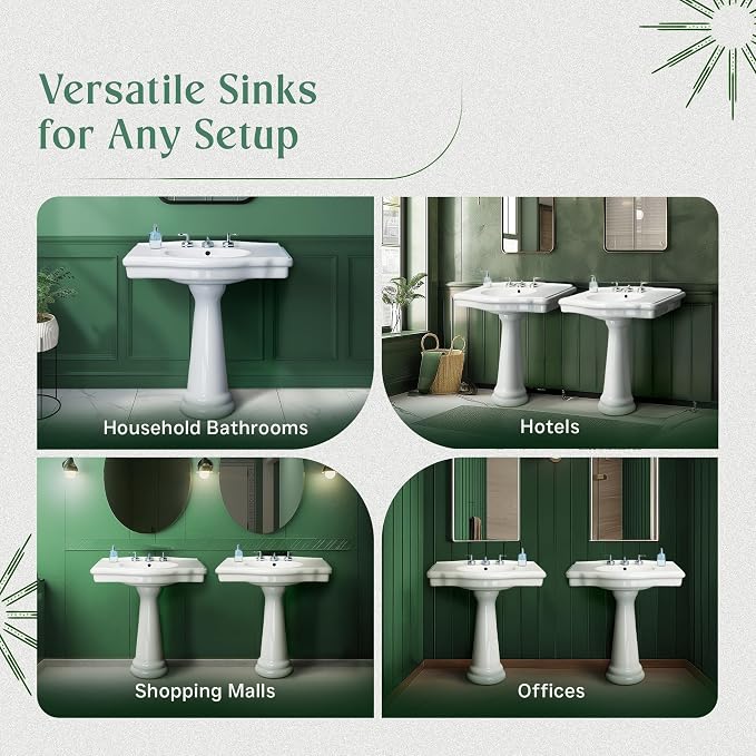 Renovators Supply Manufacturing Darbyshire 34"W x 22.5" D x 32" H Large Bathroom Pedestal Sink. Vitreous China with Overflow, 8 in. Widespread Faucet Holes