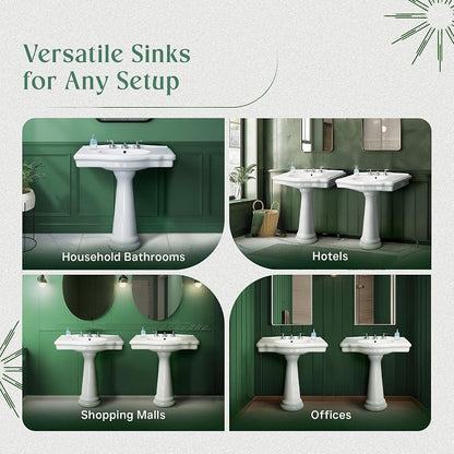 Renovators Supply Manufacturing Darbyshire 34"W x 22.5" D x 32" H Large Bathroom Pedestal Sink. Vitreous China with Overflow, 8 in. Widespread Faucet Holes