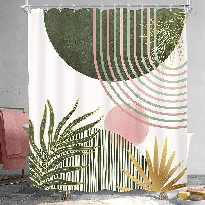 Mid Century Sage Green Pink Boho Abstract Bathroom Shower Curtain Set | 60Wx72L S Plant design, waterproof HD print with fast-drying fabric and 12 hooks.