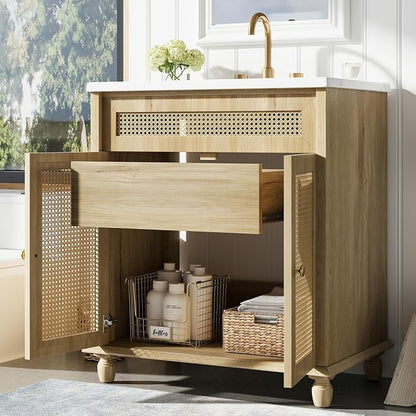 30-Inch Bathroom Vanity with Handwoven Rattan Doors, Shatter-Resistant Resin Basin & Solid Wood Legs – Space-Saving Design, Soft-Close Hinges, Easy Assembly for Small Bathrooms (Natural Wood, 30")