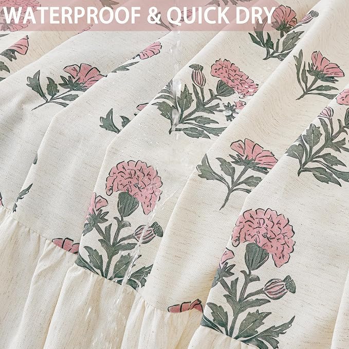 ORTIGIA Linen Textured Ruffle Shower Curtain with Metal Hooks, Vintage Pink Floral Block Print Boho Waterproof Bath Curtain for Rustic Farmhouse Bathroom Decor 72x72 Inch