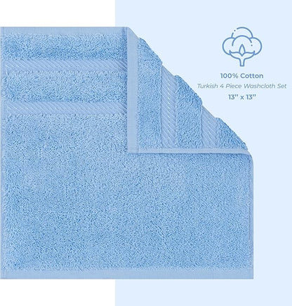American Soft Linen Luxury Washcloths for Bathroom, 600 GSM 100% Cotton 4 Piece Turkish Wash Cloth Set, 13x13 in Soft Rags for Body and Face, Sky Blue Washcloths