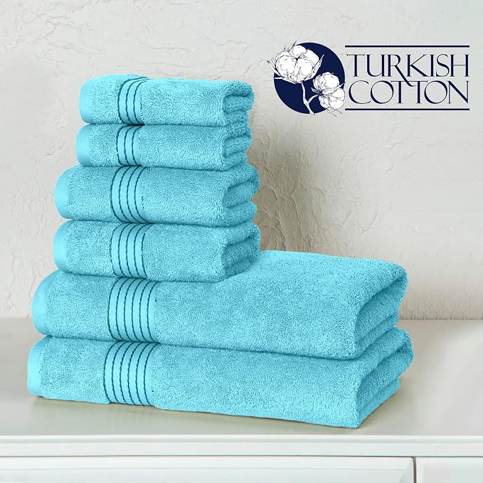 Elegant Comfort Premium Cotton 6-Piece Towel Set, Includes 2 Washcloths, 2 Hand Towels and 2 Bath Towels, 100% Turkish Cotton - Highly Absorbent and Super Soft Towels for Bathroom, Aqua