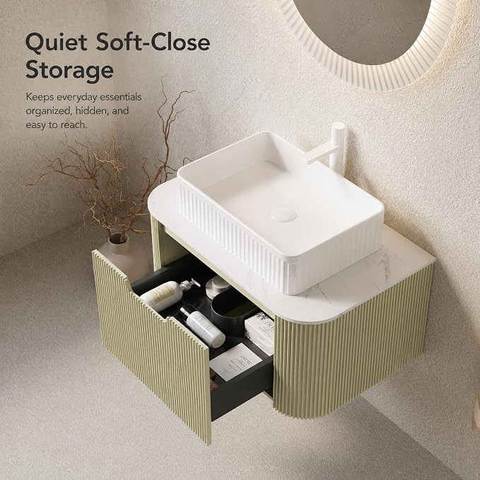 30 Inch Bathroom Vanity with Sink, Floating Wall Mounted Single Sink Vanity, Sage Green Curved Fluted Front, Stone Top, White Textured Rectangular Vessel Basin, Pre-Assembled