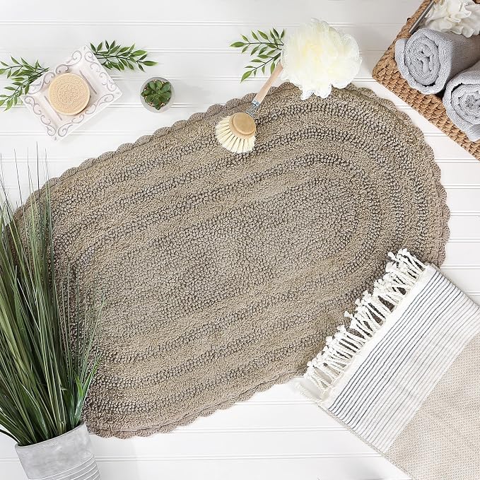 DII Crochet Collection Reversible Bath Mat, Large Oval, 21x34, Stone