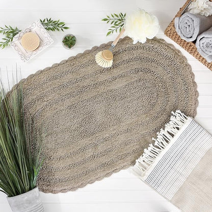 DII Crochet Collection Reversible Bath Mat, Large Oval, 21x34, Stone