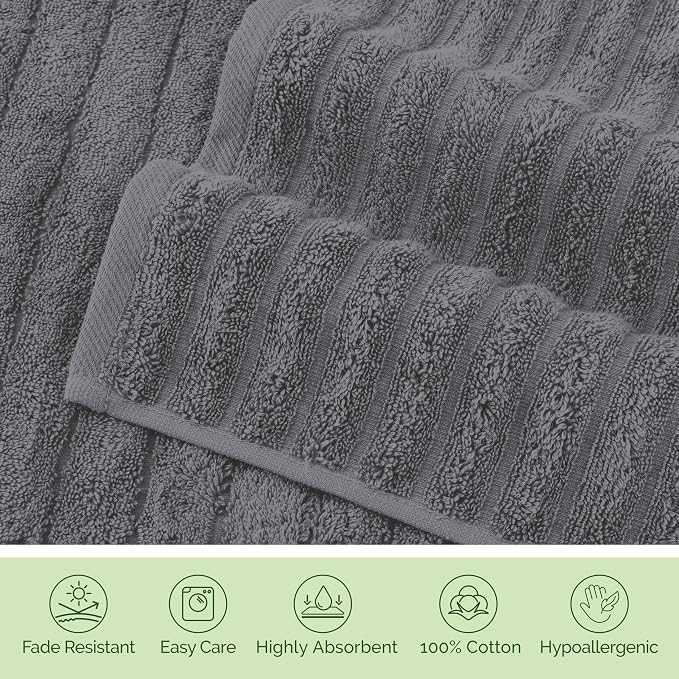 Elegant Comfort 100% Turkish Cotton Corduroy Ribbed Luxury Washcloths 6 Pack Soft 13 x 13 Inch - Higly Absorbent, Durable, Quick Dry, Spa Premium Hotel Quality for Bathroom or Travel, Gray