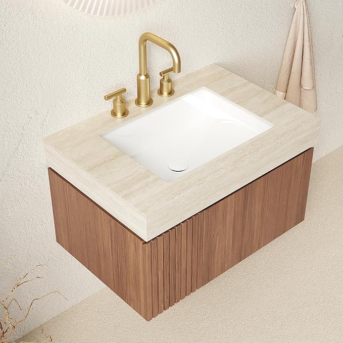30 Inch Floating Bathroom Vanity with Sink, Plywood Bathroom Storage Cabinet with Drawer and Door, Light Yellow Sintered Stone Top with 3 Pre-drilled Faucet Holes White Basin, Pre-Assembled, Light Oak