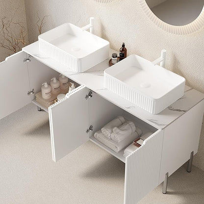 Ambrovina 60" Bathroom Vanity with Double Sink, Freestanding Bathroom Storage Cabinet with 4 Soft-Closing Doors, Rectangular Ceramic Basin and Carrara White Sintered Stone Countertop, White