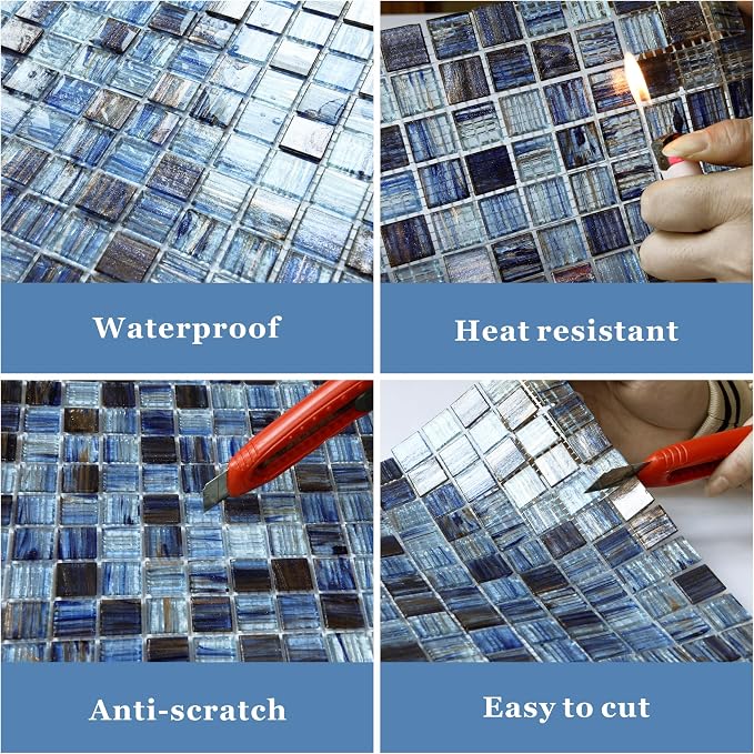 Mesh-Mounted Glass Mosaic Tile Backsplash, 12” x 12” Mixed Blue Wall Glass Backsplash Tile for Kitchen Bathroom Swimming Pool (8 Sheets, 8 sq.ft)