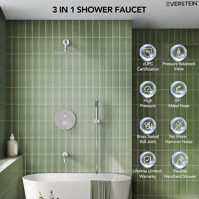 10" High-Pressure Rainfall Shower System with Handheld Spray, Wall Mount Bathroom Shower Faucet Set with Tub Spout (Chrome)