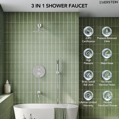 10" High-Pressure Rainfall Shower System with Handheld Spray, Wall Mount Bathroom Shower Faucet Set with Tub Spout (Chrome)