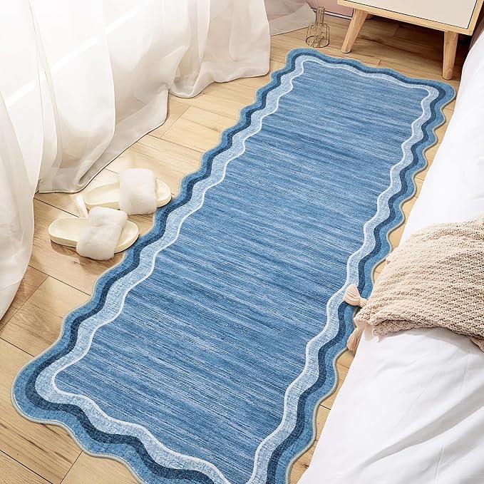 Garvee Washable Runner Rug 2x6 Modern Solid Scalloped Kitchen Runner Blue | Modern Long Runner Rug for Entryway Bedroom, Non Slip Low Pile Solid Runner Rugs for Entryway, Nursery Rugs Runner