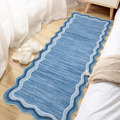 Garvee Washable Runner Rug 2x6 Modern Solid Scalloped Kitchen Runner Blue | Modern Long Runner Rug for Entryway Bedroom, Non Slip Low Pile Solid Runner Rugs for Entryway, Nursery Rugs Runner