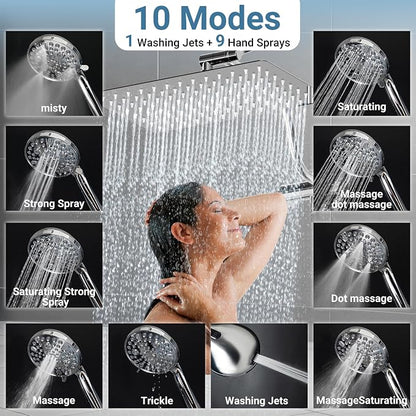 Filtered Shower Head with Handheld, 11.8" Rain Shower Head, High Pressure | 10-Function Spray Options, Adjustable Extension Arm, Secure Adhesive Holder, Easy Installation, Stainless Steel-Chrome Finish