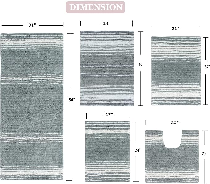 Home Weavers 100% Cotton Gradiation Collection Bathroom Décor | Washable Rug | Bathroom Mat | Kitchen Mat | Bathroom Rug Set | Bath Mat Set | Bath Floor Mat Non Slip, 5 Piece Set with Contour, Gray