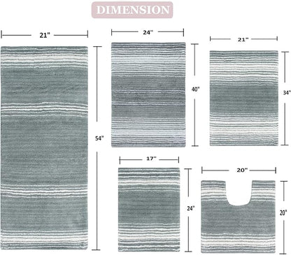 Home Weavers 100% Cotton Gradiation Collection Bathroom Décor | Washable Rug | Bathroom Mat | Kitchen Mat | Bathroom Rug Set | Bath Mat Set | Bath Floor Mat Non Slip, 5 Piece Set with Contour, Gray