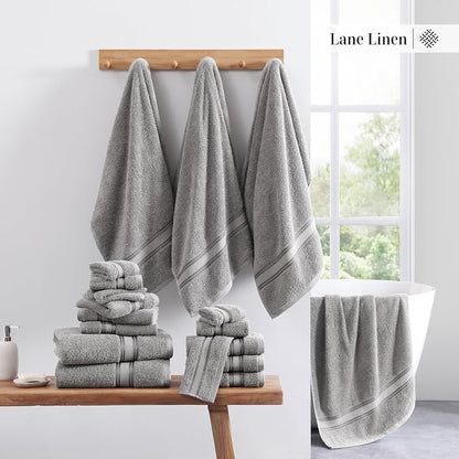 LANE LINEN Bath Towel Set 100% Cotton 3 Piece Soft Absorbent - Grey | Shower Towels - Generously Sized, Oversized & Roomy, Lightweight & Breathable, Fade-Resistant Color, Classic Terry Weave