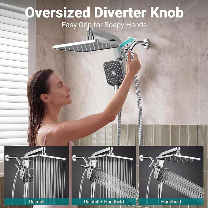 12" XXL Rainfall Shower Head with Handheld Combo, Chrome Polished | High Pressure, Magnetic Docking, Air-Infusion Tech, Anti-Leak One-Piece Design, Dual Square Showerhead