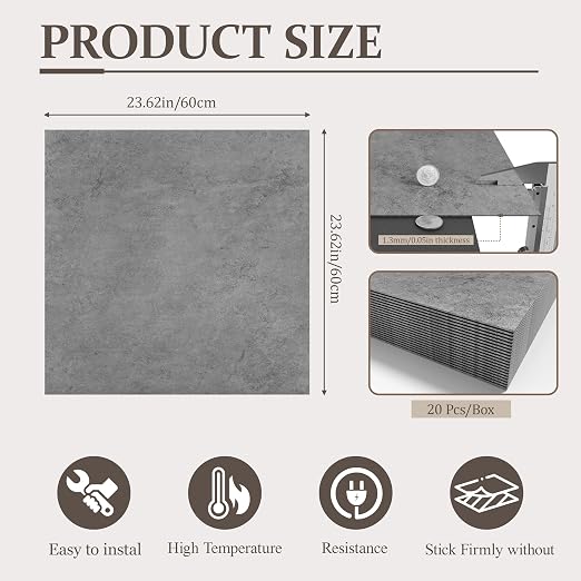 DEXDE Peel and Stick Floor Tile Dark Gray Waterproof Marble, 2FTx2FT 20 PC | Waterproof Self-adhesive Vinyl Tiles 80 Sq.Ft (20 Large 24x24 Pack), Vinyl Flooring for Bathroom Kitchen DIY Upgrades