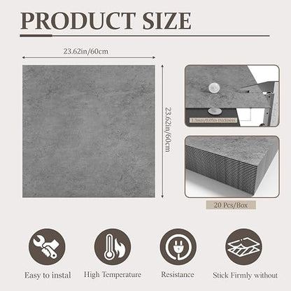 DEXDE Peel and Stick Floor Tile Dark Gray Waterproof Marble, 2FTx2FT 20 PC | Waterproof Self-adhesive Vinyl Tiles 80 Sq.Ft (20 Large 24x24 Pack), Vinyl Flooring for Bathroom Kitchen DIY Upgrades