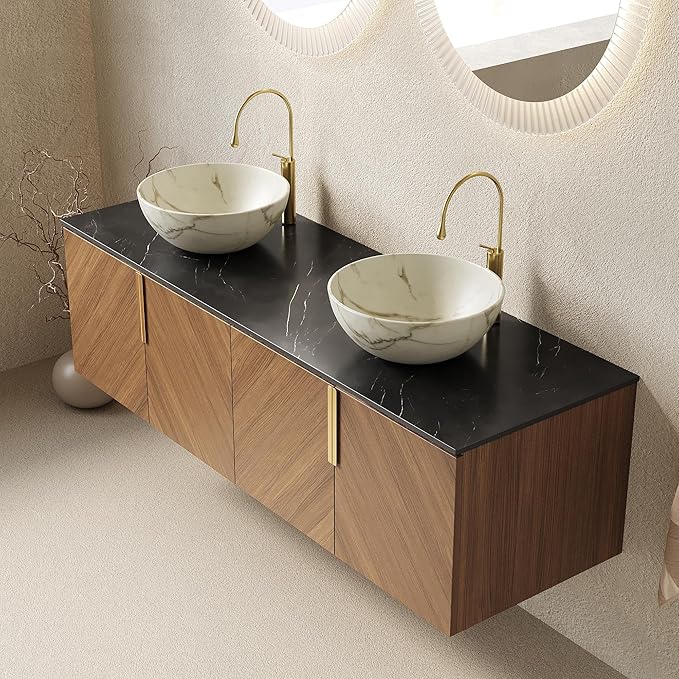 60" Double Sink Bathroom Vanity with Sink Combo, Floating Vanity with Vessel Sink, Wall-Mounted Plywood Bathroom Vanity Storage Cabinet with 4 Doors & 2 Bowl Basin, Brown Oak
