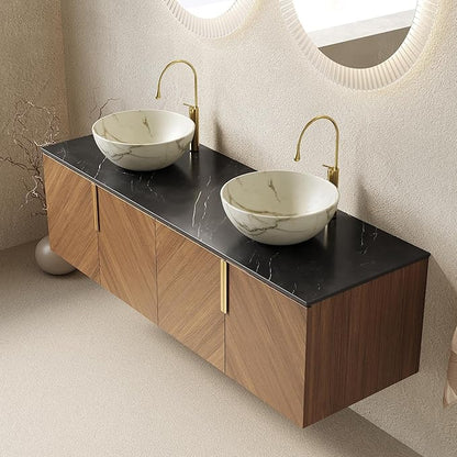 60" Double Sink Bathroom Vanity with Sink Combo, Floating Vanity with Vessel Sink, Wall-Mounted Plywood Bathroom Vanity Storage Cabinet with 4 Doors & 2 Bowl Basin, Brown Oak
