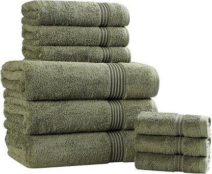Superior Egyptian Cotton 9-Piece Towel Set, Assorted Towels, Home Bathroom, Master, Guest Bath, Decor Essentials, Includes 3 Bath, 3 Hand, 3 Face Towels/Washcloths, Quick Dry, Absorbent, Forest Green