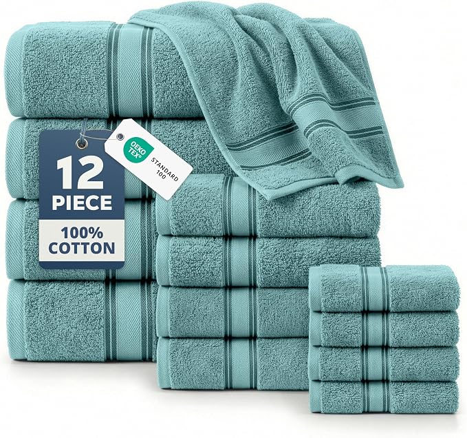 LANE LINEN Bath Towel Set 100% Cotton 12 Piece Soft Absorbent - Teal | Oeko-Tex Bath Towels - Zero-Twist Cotton, Terry Weave Comfort, Long-Lasting Comfort, Hotel-Style Look, Machine Washable