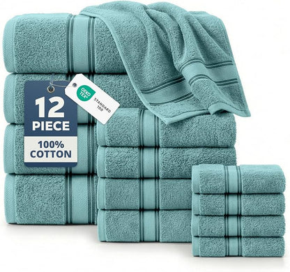 LANE LINEN Bath Towel Set 100% Cotton 12 Piece Soft Absorbent - Teal | Oeko-Tex Bath Towels - Zero-Twist Cotton, Terry Weave Comfort, Long-Lasting Comfort, Hotel-Style Look, Machine Washable