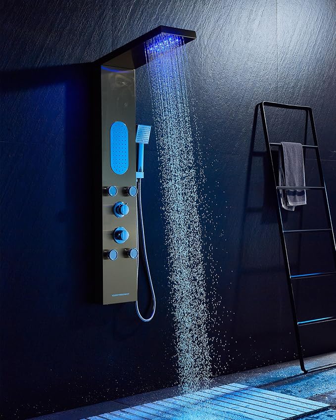 5-Jet LED Shower Panel Tower System Stainless Steel Brushed Gold | Rainfall head | 5 body jets | Handheld shower | LED lights | Brushed gold finish | Wall mount