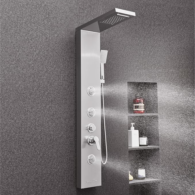 VEVOR Shower Panel Tower System with Rainfall Waterfall Shower Head, 53 in Brushed Stainless Steel Shower Column, 5-Function Faucet, Wall-Mount Rain Massage System with 3 Body Jet, Handheld, Tub Spout