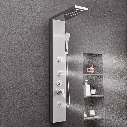 VEVOR Shower Panel Tower System with Rainfall Waterfall Shower Head, 53 in Brushed Stainless Steel Shower Column, 5-Function Faucet, Wall-Mount Rain Massage System with 3 Body Jet, Handheld, Tub Spout