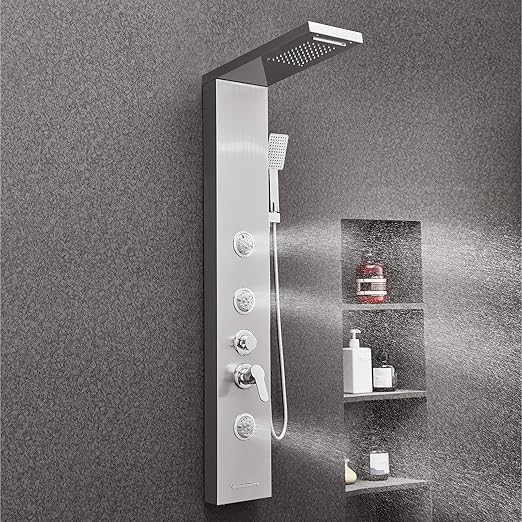 VEVOR Shower Panel Tower System with Rainfall Waterfall Shower Head, 53 in Brushed Stainless Steel Shower Column, 5-Function Faucet, Wall-Mount Rain Massage System with 3 Body Jet, Handheld, Tub Spout
