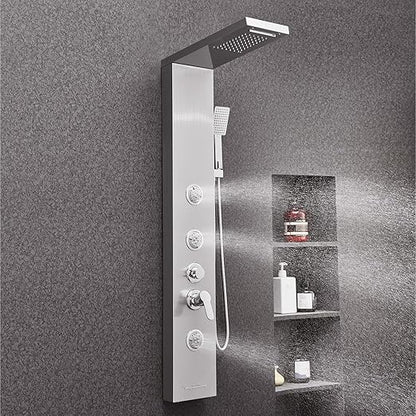 VEVOR Shower Panel Tower System with Rainfall Waterfall Shower Head, 53 in Brushed Stainless Steel Shower Column, 5-Function Faucet, Wall-Mount Rain Massage System with 3 Body Jet, Handheld, Tub Spout