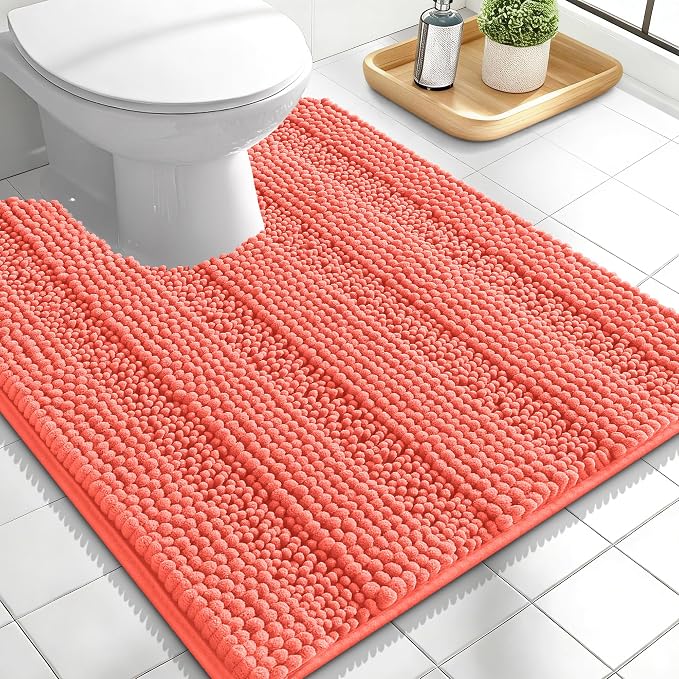 OLANLY Thick Toilet Rugs U-Shaped 24x20, Soft Chenille Bath Mat, Coral | Extra Absorbent Striped Contour Bathroom Rugs for Toilet, Dry Quickly, Machine Washable, Non-Slip