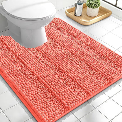 OLANLY Thick Toilet Rugs U-Shaped 24x20, Soft Chenille Bath Mat, Coral | Extra Absorbent Striped Contour Bathroom Rugs for Toilet, Dry Quickly, Machine Washable, Non-Slip
