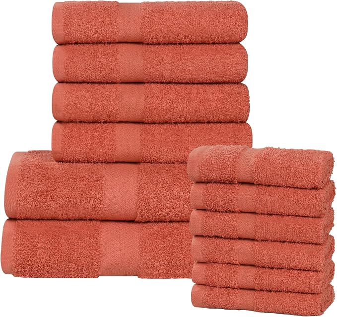 Superior 12-Piece Cotton Assorted Towel Set, Includes 6 Face Towel, 4 Hand, and 2 Bath Towels, Home, Bathroom, Guest Bath Essentials, Quick Dry, Absorbent, Franklin Collection - Coral