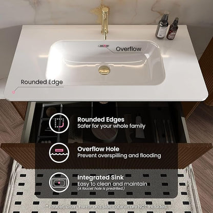 36 Inch Bathroom Vanity with Sink, Modern Floating Vanity with Push Open Soft Close Drawer, Large Storage for Powder Room, Brushed Black Oak, Fully Assembled - Camellia Collection