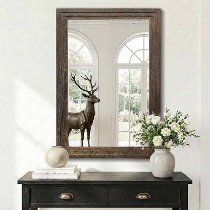 Farmhouse Rustic Wood Framed Bathroom Vanity Mirror for Wall, 26x38, Brown | Recessed Stepped Solid Wood Frame, HD Shatterproof Glass, Vertical/Horizontal Mount, for Bathroom Sink, Living Room, Entryway