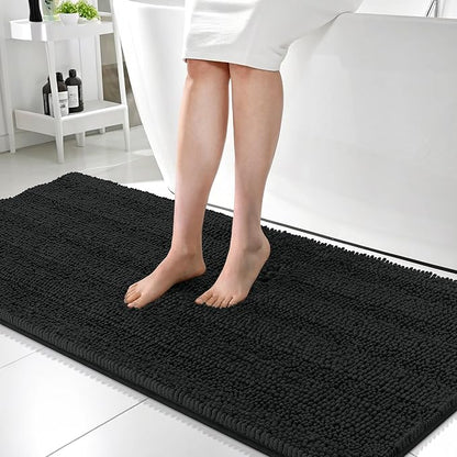 OLANLY Thick Bathroom Runner Rugs 59x24, Chenille Long Bath Rugs, Black | Soft Absorbent Striped, Rubber Backing, Machine Wash, Bath Mats for Bathroom Floor, Tub and Shower, Home Decor Accessories
