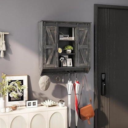 Farmhouse Medicine Cabinet 2 Sliding Barn Doors 3 Tier Rustic Wood Wall Storage Cabinet Adjustable Shelf Towel Bar Wall Mounted Bathroom Wall Cabinet
