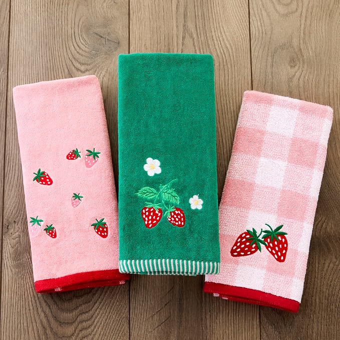 SKL Home Buffalo Plaid Strawberry Hand Towel Set-2pc, 100% Cotton, Pink | Plush & absorbent terry. For use in the bathroom, kitchen or bar. Great for spring, summer & year-round décor.