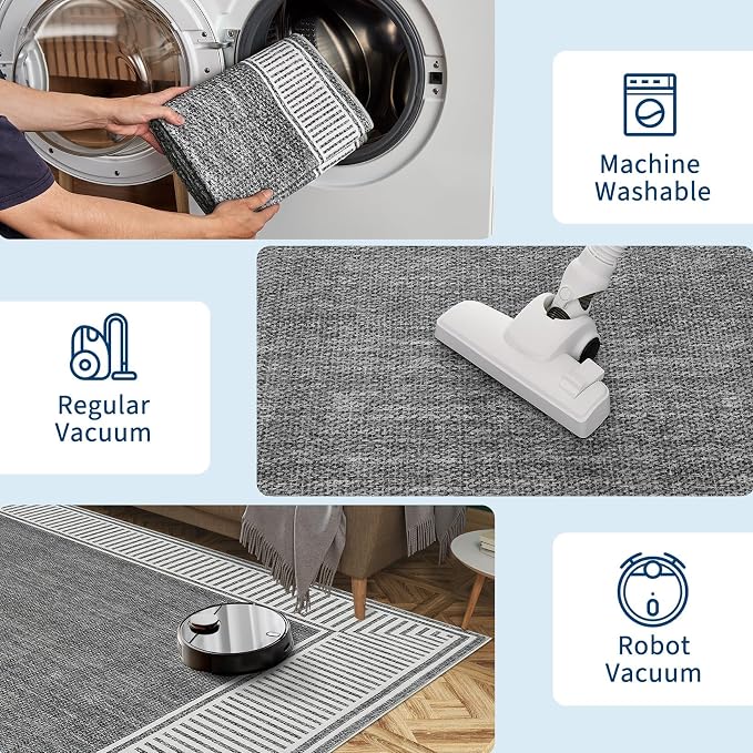 Garvee 2x6 Runner Rug Washable Hallway Runner Rug Non Slip Carpet Grey | Foldable Non-Shedding Bordered Design Entryway Rugs Low Pile Stain-Resistant Indoor Soft Rugs for Laundry Kitchen Bathroom