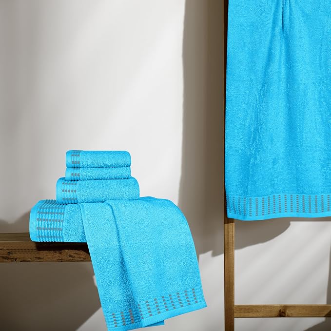 Ultra Soft 6 Pack Cotton Towel Set, Contains 2 Bath Towels 28x55 inch, 2 Hand Towels 16x24 inch & 2 Wash Cloths 12x12 inch, Ideal Everyday use, Compact & Lightweight - Turquoise Blue