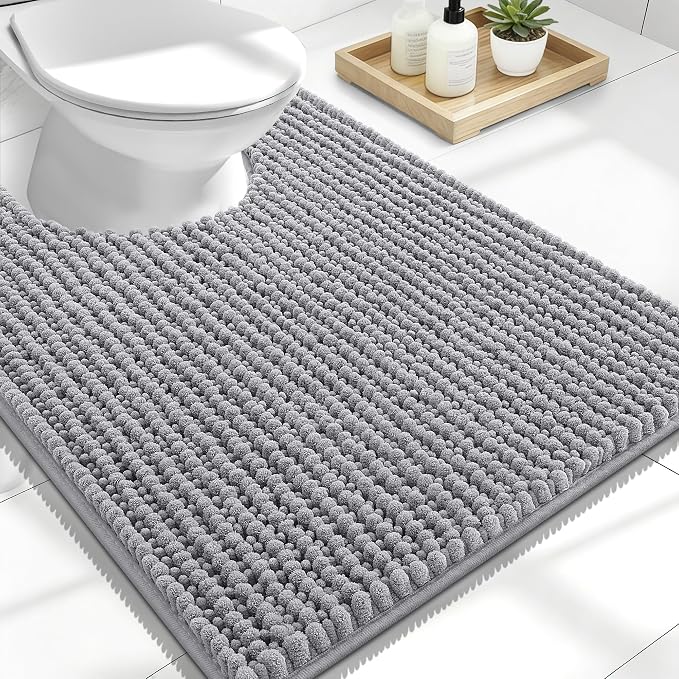 OLANLY Thick Chenille Toilet Rugs U-Shaped 24x20, Absorbent Bath Mat, Grey | Soft Shaggy Contour Bathroom Rugs for Toilet, Dry Quickly, Machine Washable, Non-Slip Bath Mat